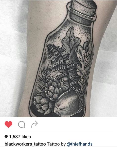 Black and gray terrarium tattoo by @thiefhands Specimen Tattoo, Terrarium Tattoo, Jar Tattoo, Body Modifications, Body Mods, Black And Gray, Tattoo On, Blackwork, I Tattoo