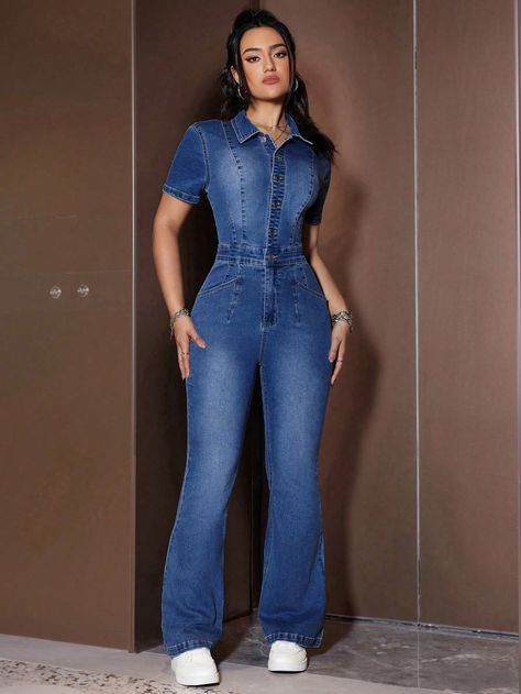 Women's Solid Color Minimalist Casual Short Sleeve Denim Jumpsuit Dark Wash Casual  Short Sleeve Denim Plain Shirt High Stretch  Women Clothing, size features are:Bust: ,Length: ,Sleeve Length: Jean Jumpsuit Outfit, Jeans Jumpsuits For Women, Blue Jean Jumpsuit, Short Sleeve Denim Jumpsuit, Short Sleeve Denim, Jeans Overall, Denim Overall Dress, Jumpsuit Outfit, Plain Shirt