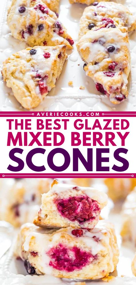 The BEST Scone Recipe (Glazed Mixed Berry Scones) - Averie Cooks What To Do With Frozen Fruit Recipes, Berry Scones Recipe Easy, Dried Fruit Scones, Frozen Mixed Berry Recipes, Mixed Berry Scones Recipe, Mixed Berry Scones, Using Frozen Fruit, Fruit Scones Recipe, Frozen Fruit Recipes