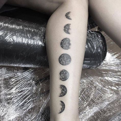 Moon Phases Leg Tattoo, Moon Phase Leg Tattoo, Moon Leg Tattoo, Memory Tattoos, Lower Leg Tattoos, Moon Phases Tattoo, Memorial Tattoos, Leg Tattoo, Body Modification