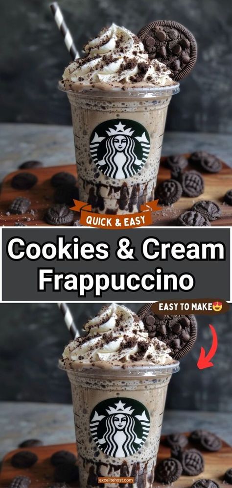 Copycat Starbucks Cookies and Cream Frappuccino tastes like a rich blend of chocolate, cookies and ice cream. It is so easy to make at home. Starbucks Frapp Drinks Recipes, Cookie And Cream Starbucks Recipe, Starbucks Recipes Cookies And Cream, Starbucks Drinks Cookies And Cream, Oreo Frappuccino Starbucks, Starbucks Cookies And Cream Frappuccino, Cookies And Cream Starbucks, Cookies And Cream Coffee, Cookies And Cream Frappe