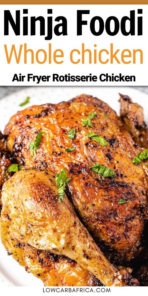 This is the BEST way to Air Fryer Rotisserie chicken. So much better than store bought! Ninja foodi whole chicken recipe is the easiest! Roast chicken comes out with juicy meat and crispy skin. Recipe includes step by step instructions and how to tips. Air Fryer Recipes Whole Chicken, Best Whole Chicken Recipe, Air Fryer Rotisserie Chicken, Best Roast Chicken Recipe, Roast A Whole Chicken, Grilled Whole Chicken, Whole Baked Chicken, Whole Chicken Recipe, Chicken For Dinner