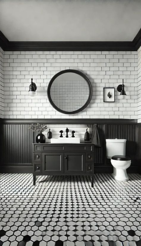 21 Stunning White and Black Bathroom Decorating Ideas You Need to See Now! 🖤✨ Black Ceiling In Bathroom, Black And White Bathrooms Small, Black Trim Bathroom, Vintage Black And White Bathroom, White Luxury Bathroom, Moody Bathrooms, White Hexagon Tile Bathroom, White And Black Bathroom, Black Bathroom Wall