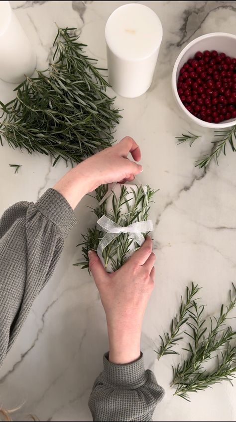 DIY Rosemary Candle Centerpiece - Domestically Blissful Rosemary Candle, Rosemary Candles, Domestically Blissful, Candle Hack, Christmas Colour Schemes, Candle Table Centerpieces, Diy Christmas Table, Candle Centerpiece, How To Tie Ribbon