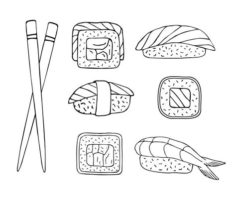 Simple Sushi Drawing, Sushi Sketch Drawings, Sushi Line Art, How To Draw Sushi, Sushi Drawing Easy, Sushi Roll Tattoo, Sushi Drawings, Sushi Sketch, Sushi Doodle