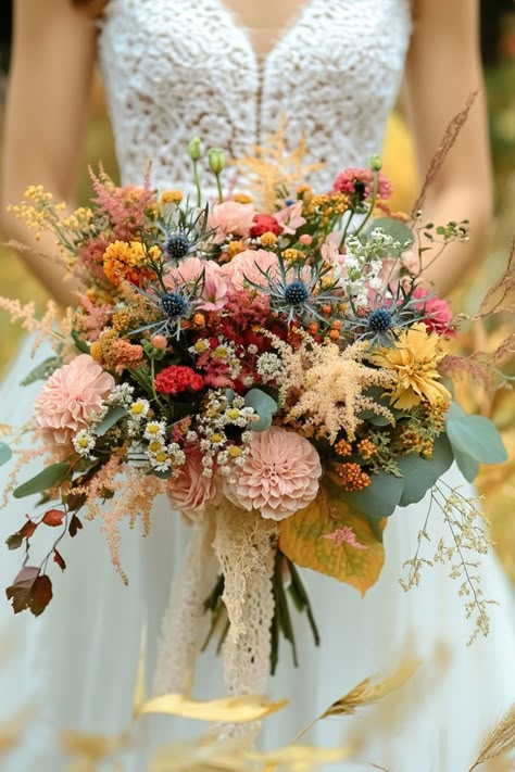 40+ wildflower wedding bouquets designed to make your fall wedding unforgettable. Dive into warm tones, earthy textures, and the romantic simplicity of wildflowers. These bouquets are perfect for brides looking for that seasonal touch. Don’t miss the full list! #bohobride #fallflorals #wildflowerlove Wildflower Pampas Grass Wedding, Muted Bouquet Wedding, Mauve Wildflower Bouquet, Whimsy Bridal Bouquet, Fake Wildflower Bouquet, Simple Fall Wedding Bouquets Bridesmaid, Diy Boho Bridesmaid Bouquet, Vibrant Bouquet Wedding, Bright Fall Wedding Bouquet