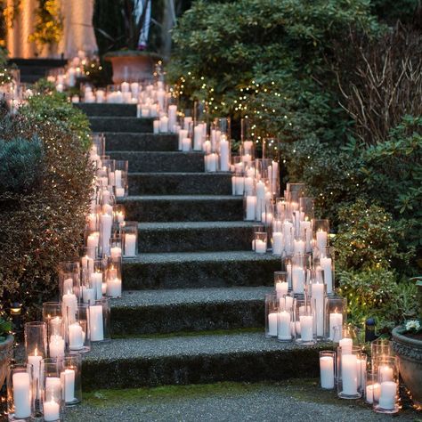 Weddings In Woodinville on Instagram: “Make your day glow. A candle lit stairwell makes entrance and exits even more magical from dusk til dark.  Participants in the…” Candlelit Dance Floor, Candlelit Outdoor Wedding, Wedding Candles On Floor, Candle Outdoor Wedding, Romantic Wedding Candle Decor, Weddings In Nature, Gold Vintage Wedding Decor, Bougie Wedding Ideas, Wedding Decor Timeless