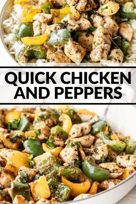 Keep dinner simple but delicious with this easy entree of chicken and bell peppers! Serve over rice, roasted veggies, pasta, or potatoes. Roasted Veggies Pasta, Chicken Bell Pepper Recipes, Chicken And Bell Peppers, Chicken Peppers And Onions, Chicken And Peppers, Stuffed Bell Peppers Chicken, Green Pepper Recipes, Veggies Pasta, Dinner Simple