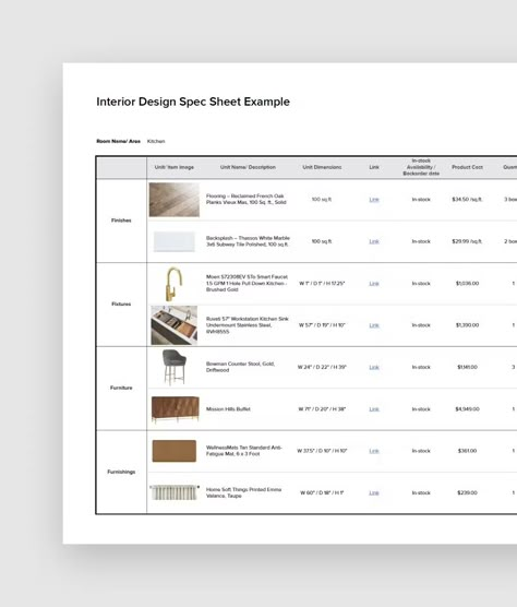 Interior Design Spec Sheet Free Template + Guide | Houzz Pro Interior Design Schedule Template, Interior Design Shopping List Template, Material Specification Interior Design, Interior Design Printables, Interior Design Specification Sheet, Material Selection Interior Design, Product Spec Sheet, Interior Design Scope Of Work Template, Interior Design Budget Template