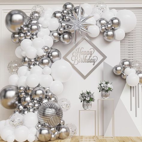 PRICES MAY VARY. [White And Silver Balloons Garland Arch Kit]The white and silver disco ball balloon arch garland kit is perfect for New Year’s Eve 2024, teenagers birthday, DISCO party, anniversary, baby shower partys. Whether you're planning a small gathering or a large event, our balloon arch kit will instantly transform any room into a lively and energetic atmosphere. 【Premium Value Pack】The white and silver balloon arch kit includes 134pcs latex balloons, 1pcs 4D disco ball balloons, 1pcs s Cute Sweet 16 Party Themes, White Party Decorations Elegant, White And Silver Quinceanera Theme, New Years Birthday Party For Baby, Silver And White Birthday Party Decor, Diamond Party Decorations, Silver 40th Birthday Party, White And Silver Balloon Arch, Silver Decorations Party