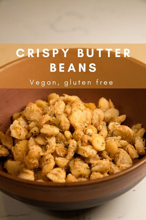 Crispy butter beans! Eat them as a high fiber snack or use them to top a salad! High Fiber Appetizers, Crispy Lima Beans, Snacks With Beans, Crunchy Butter Beans, Air Fried Butter Beans, Recipes Using Beans Healthy, Crispy Butter Beans, High Fiber Gluten Free Recipes, Bean Snack Recipes