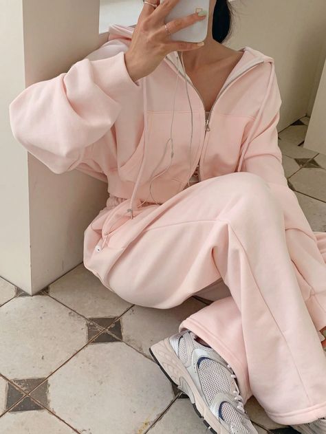 2pcs Women Solid Color Hoodie And Jogger Pants Set, Autumn Pink Casual    Plain  Slight Stretch Fall/Winter Women Clothing, size features are:Bust: ,Length: ,Sleeve Length: Winter Pjs, Drop Shoulder Hoodie, Hoodie Set, How To Hem Pants, Casual Stripes, Sleeveless Crop Top, Workout Jacket, Clothes Organization, Two Piece Outfit