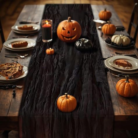 PRICES MAY VARY. Runner Package Include: You will get 1 PCS/120inch (10FT) long black cheesecloth table runner with 2 pcs string, approx.35" wide and 120" length.Boho Table Runner is suitable for rectangular and round tables that can accommodate 8-10 people,can be used for chair cover sashes or decorative napkins, backdrop draping or halloween table decorations. Soft and Comfortable:The gauze rustic table runner is made of high quality polyester, natural drape, lightweight and skin-friendly,soft Black And White Halloween Party Decor, Chic Halloween Party Decor, Halloween Dining Room Table Decor, Halloween Dining Table Decor, Table Decorations Halloween, Boho Halloween Decor, Harvest Party Decorations, Backdrop Draping, Halloween Party Table Decorations