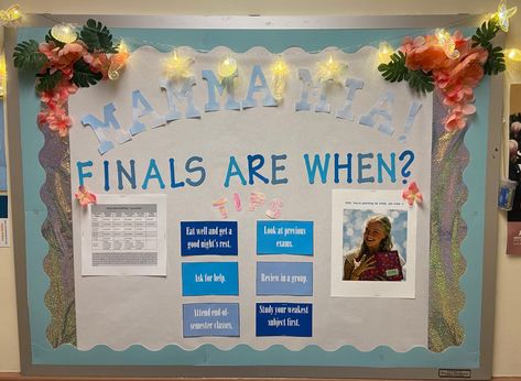 Mamma Mia Bulletin Board, Finals Tips, Hall Themes, Ra Programs, Inspirational Bulletin Boards, Dorm Themes, Ra Themes, College Bulletin Boards, Ra Bulletins