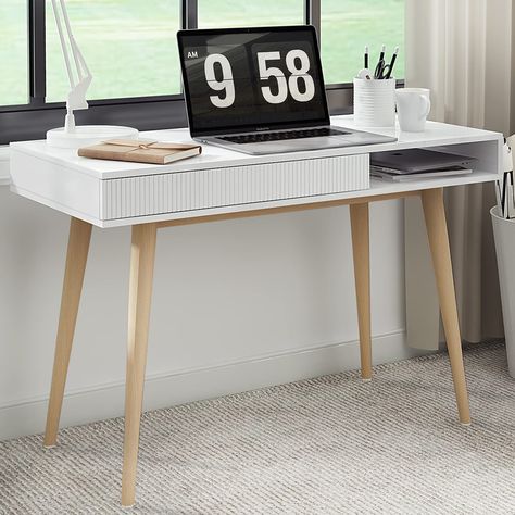 PRICES MAY VARY. ✅【Wide Desktop Area and Large Storage Space 】Overall dimensions are 42.5x19.7x29.5inch, large desktop allows you to put more items. The white writing desk with a cable grommet, making your desktop perfectly organized. The writing desk has hidden drawers with wave-shaped panels and handleless drawers, a stylish design, and a large storage space. ✅【Sturdy and Durable Mid Century Modern Desk】 Four solid wood legs of the writing desk structurally stable leg frame, reinforcing the wh Modern Wooden Desk, Simple Computer Desk, Office Desk Table, White Writing Desk, Small Office Desk, Desk Small, Small Computer Desk, Mid Century Office, Computer Desks For Home