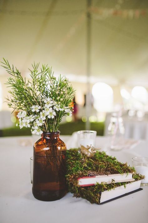 This listing is for a set of 2 moss covered books. In the months before my wedding, I bought countless old books from thrift stores and hot glued real, preserved moss on the top and side of each one.  I used these as centerpieces for my woodland wedding! Please note that there is not moss on the back cover of these books and the gold deer are not included. Storybook Decor, Moss Centerpiece Wedding, Woodland Centerpieces, Book Wedding Centerpieces, Woodland Centerpiece, Moss Centerpieces, Unique Wedding Centerpieces, Moss Wedding, Book Centerpieces