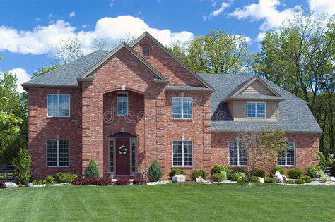 New Home 126. Beautiful red brick home. Very colorful photo with blue sky and gr , #spon, #home, #brick, #photo, #colorful, #Home #ad Landscaping Rock, Landscape Rock, Landscaping Retaining Walls, Rock Landscaping, Red Brick House, Brick Home, Modern Mansion, Rock Decor, Bathroom Inspiration Decor