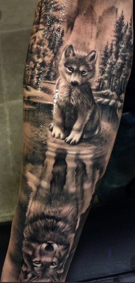 Wolf And Cub Tattoo Design, Lion King Decorations, Mountain Sleeve Tattoo, Reflection Tattoo, Husky Tattoo, Owl Tattoo Sleeve, Inside Of Arm Tattoo, Aztec Tattoos Sleeve, Tattoo Homme