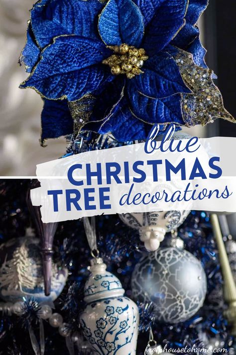 Beautiful Blue Christmas Tree Decorations Royal Blue Christmas Tree, Blue Christmas Tree Decorations, Christmas Tree Decoration Ideas, Tree Decoration Ideas, Glam Christmas Decor, Blue Christmas Ornaments, House To Home, Blue Christmas Decor, White Christmas Ornaments