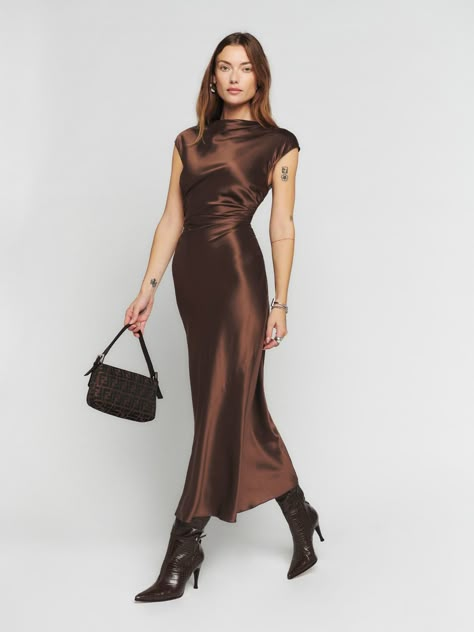 Brown Satin Dress Outfit, Brown Satin Dress, Satin Dress Outfit, Silk Dresses Outfit, Brown Silk Dress, Brown Bridesmaid Dresses, Silk Dress Short, Cowl Dress, Wedding Guest Attire