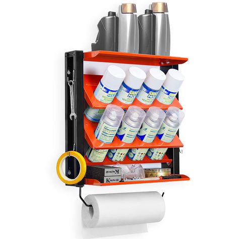 PRICES MAY VARY. The wall-mounted spray bottle organizer is made of steel with durable powder coated finish for lasting durability. Ultrawall spray paint storage holder fits most paint and lubricant aerosol spray cans. It has 8 slots, 2 layers can put spray bottle, and 1 paper towel holder. Wall-mounted Lube can storage rack is convenient and space saving, let you garage looks more neat and comfortable. keep track of your spray can so they don’t get hidden on shelves, roll under vehicles or acci Spray Paint Storage, Wall Mount Shelf, Garage Storage Racks, Garden Tool Organization, Utility Shelves, Steel Garage, Garage Storage Systems, Towel Organization, Spray Paint Cans