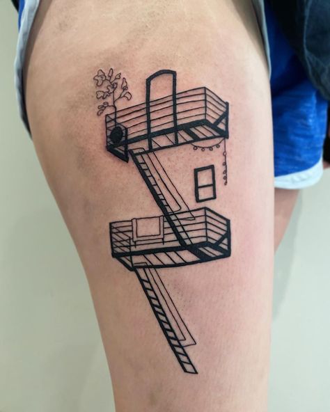 Fire Escape Tattoo, 24 Tattoo, Ny Tattoo, Line Drawing Tattoos, Architecture Tattoo, Fire Escape, Tattoo Inspo, Minimalist Tattoo, Tattoo Drawings