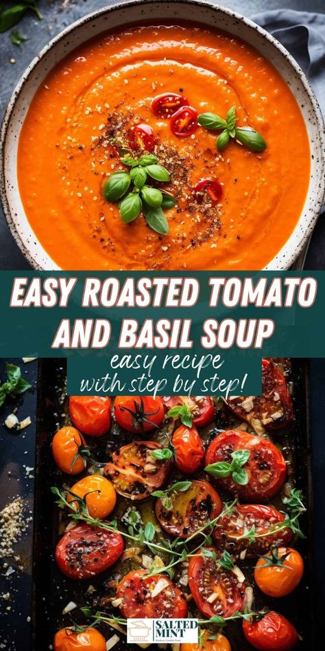 Roasted Tomato Soup: Enjoy fresh tomato soup with basil, garlic, onion, and herbs. This easy, creamy, and comforting recipe uses fresh tomatoes. Perfect to make ahead and freeze for later. Tomatoe Basil Soup In Crockpot, Tomato Soup For One Person, Tomato Bisque Soup Dairy Free, Homemade Tomato Soup Roasted, Roasted Vegetable Tomato Soup, Best Tomato Basil Soup Recipe, Viral Tomato Soup, High Protein Tomato Basil Soup, Boursin Tomato Soup