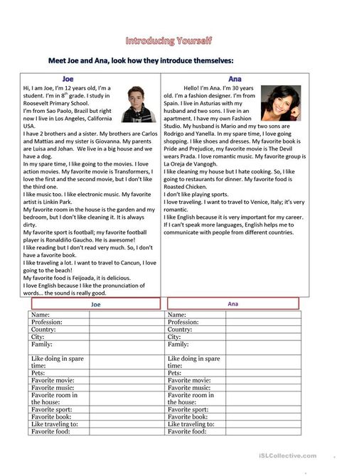 Introducing yourself - English ESL Worksheets for distance learning and physical classrooms English Conversation Worksheets, English Printables, Live Worksheet, Teacher Introduction Letter, Speaking Activities English, Teacher Introduction, Introducing Myself, English Conversation Learning, Speaking Activity