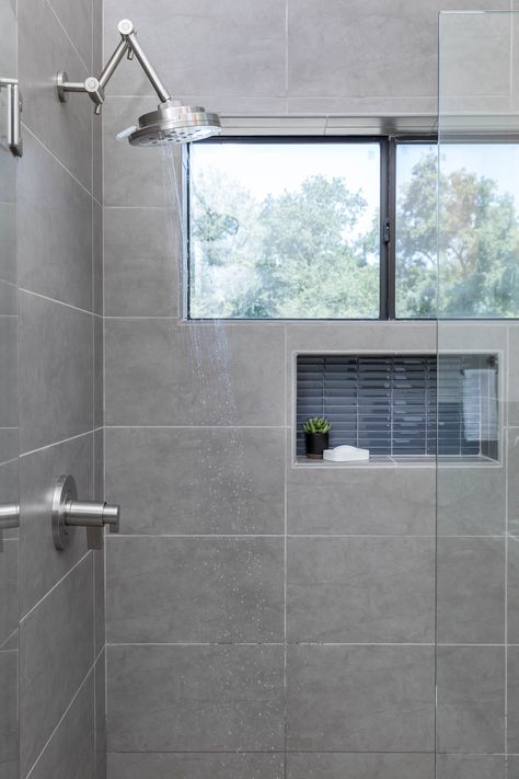 Gray Tile Shower, Shower Interior Design, Shower Interior, Gray Tiles, Light Grey Bathrooms, Gray Shower Tile, Gray Tile, Accent Tiles, Grey Bathroom Tiles