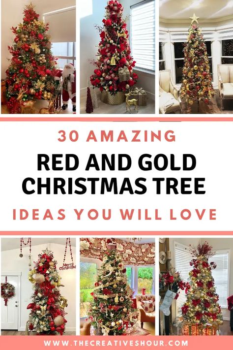 red and gold christmas trees Tree Decorating Ideas Simple, Red Green And Gold Christmas Tree, Gold Christmas Tree Ideas, Christmas Decoration Storage, Christmas Candles Diy, Red And Gold Christmas, Gold Christmas Tree Decorations, Red And Gold Christmas Tree, Slim Christmas Tree