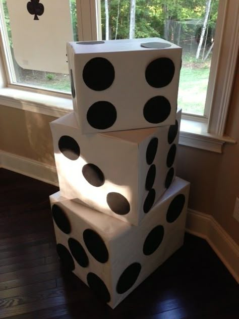 DIY giant dice for under $5 for a casino night, poker night or bunco party!  Would make decorative storage boxes. Tema Vegas, Giant Dice, Mafia Party, Casino Birthday, Game Night Parties, Bunco Party, Vegas Theme, Casino Party Decorations, Poker Party