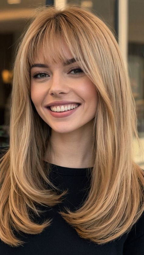 Bangs On Flat Hair, Bangs Inspo Straight Hair, Medium Length Haircut For Thinning Hair With Bangs, Womens Straight Haircut, Fringe And Face Framing Layers, Haircut For Bangs, Medium Bangs Long Hair, Straight Across Bangs Medium Hair, Straight Across Bangs With Face Framing