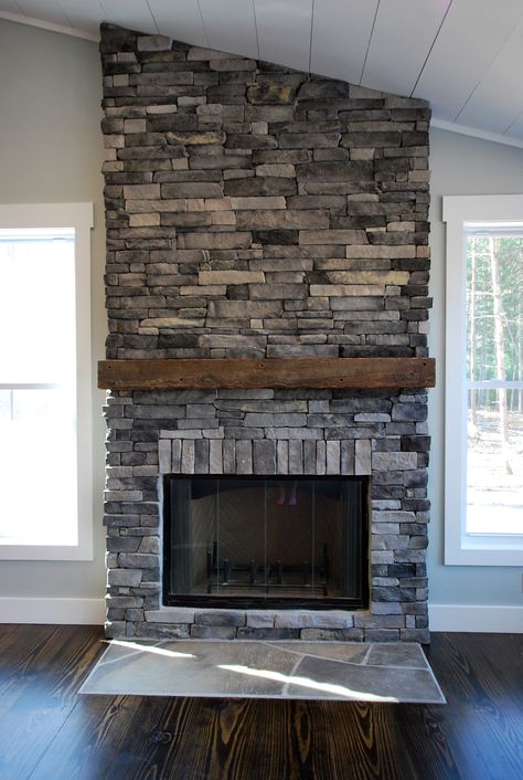 Gray Stone Fireplace, Fireplace Cottage, Grey Stone Fireplace, Stone Fireplace Makeover, Stone Fireplace Designs, Grey Fireplace, Cottage Fireplace, Stacked Stone Fireplaces, Brick Fireplace Makeover