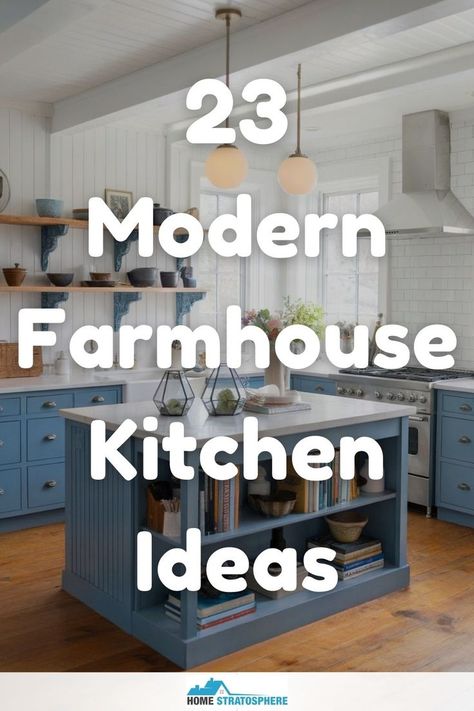 A farmhouse kitchen with light blue cabinets, open shelving, and wooden countertops to combine modern design with rustic charm. Country Kitchen Modern, Shiplap In Kitchen Farmhouse Style, Country Modern Kitchen Farmhouse Style, Farm Modern Kitchen, Modern Farmhouse Kitchen Tile, Small Farmhouse Remodel, Modern Farm Style Kitchen, Kitchen Design Farmhouse Style, Shiplap Kitchen Wall