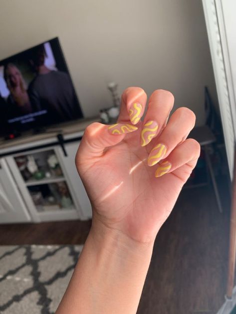 Mustard Almond Nails, Yellow Squiggle Nails, Yellow Abstract Nails, Nail Design Yellow, Trendy Nails Yellow, Yellow Almond Nails, Mustard Nails, Almond Acrylic Nail, Acrylic Nails Yellow