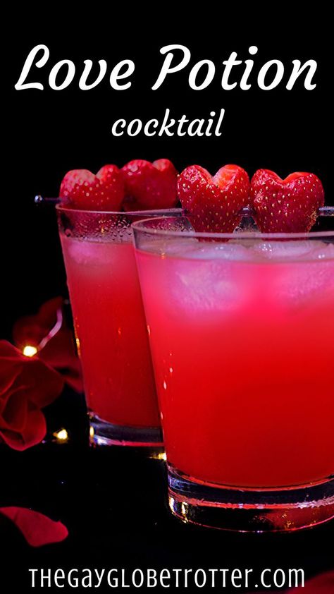 This love potion cocktail is a deliciously sweet drink that is the perfect Valentines Day drink. Serve these alcoholic drinks with some strawberry hearts for the perfect drink! #gayglobetrotter #lovepotion #lovepotiondrink #lovepotioncocktail #lovecocktail #valentinesday via @gayglobetrotter Simple Valentines Day Cocktails, Alcoholic Valentines Drinks, Valentines Day Punch Alcohol, Valentine’s Day Themed Drinks, Valentine Cocktails Easy, Valentines Day Margarita, Valentine Drinks Alcoholic Tequila, Bar Drink Specials Ideas, Valentines Batch Cocktail