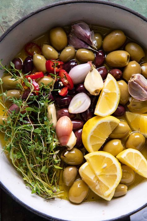 Garlic Herb Roasted Olives with Burrata | halfbakedharvest.com Mediterranean Olives, Autumn Appetizers, Roasted Olives, Marinated Olives, Olive Dishes, Olive Recipes, Burrata Cheese, Whipped Feta, Half Baked