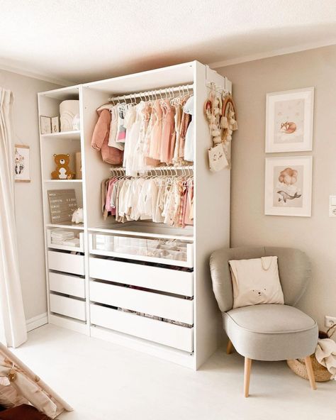 Minimalist magic in a kid's bedroom! 🌟 White, beige, and a touch of grey create a serene vibe. Explore the organized white closet and chic grey chair. Transform your space today! ✨ #MinimalistDecor #Serenity #HomeInspiration kids room | kids room design girls bedroom ideas | kids closet ideas | kids closet organization ideas small | kids room ideas | simple kids room | deco automne | Kids' Room Ideas Ikea Baby Room, Simple Kids Rooms, Baby Room Closet, Small Baby Room, Kids Room Deco, Newborn Room, Small Kids Room, Girls Room Design, White Closet