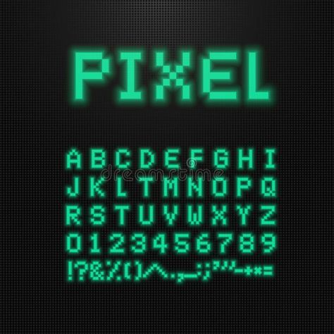 Pixel Font, Vector Letters, Numbers And Signs On Old Computer Led Display. 8 Bit Video Game Typeface. Retro Digital Abc Stock Vector - Illustration of green, graphic: 124997645 Video Game Letters, Digital Numbers Font, Game Font Design, Tetris Font, Game Typography, Pixel Items, Gaming Font, Video Game Font, 8 Bit Video Game