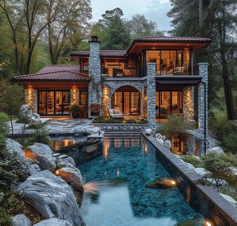 Home In Forest, Log Cabin Mansions, Cabin Mansion, Morden House, Mountain Dream Homes, Luxurious Homes, Log Cabin Ideas, Cabin Inspiration, Classic House Design