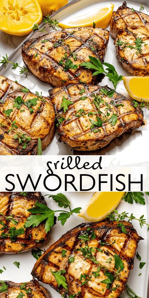 Grilled Swordfish is my favorite way to enjoy a nutritious, quick summer dinner that the whole family will love. This delicious swordfish steak features an easy marinade with lemon and herbs, and we cook it to a tender and juicy perfection in about 10 minutes! Mushroom Bruschetta Recipe, Grilled Swordfish Steaks, Swordfish Steak Recipe, Swordfish Steak, Grilled Swordfish, Swordfish Recipes, Shellfish Recipes, Fish Recipes Healthy, Chimichurri Sauce