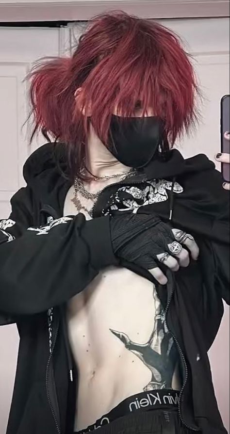 Emo Guys With Long Hair, Emo Boys With Long Hair, Red Hair Guy Aesthetic, Hot Long Hair Guys, Femboy Hair Ideas, Emo Femboy Outfits, Emo Hairstyles Long, Red Emo Hair, Femboy Hairstyle