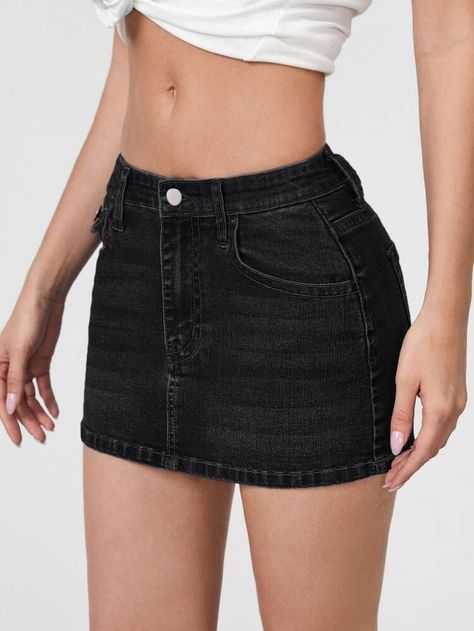 $15.49 (1000+) | SHEIN Black Jeans Skirt Outfit, Black Jeans Skirt, Black Jean Mini Skirt, Girls Skirts Fashion, Jean Skirt Black, Y2k Denim Skirt, Black Denim Mini Skirt, Grunge Skirt, Jean Skirt Outfits