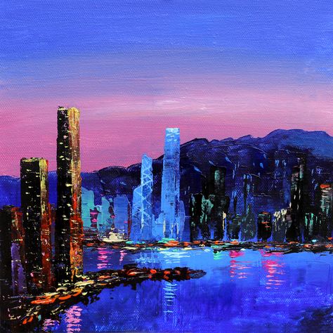 Hong Kong city at night Painting in Acrylics with palette knife / Hong Kong / Cityscape Abstract Painting / Acrylic tutorial painting easy. City At Night Painting Easy, City Painting Acrylic Easy, City Painting Easy, Levi Painting, City At Night Painting, Hong Kong Painting, Cityscape Paintings, Hong Kong City, Office Painting