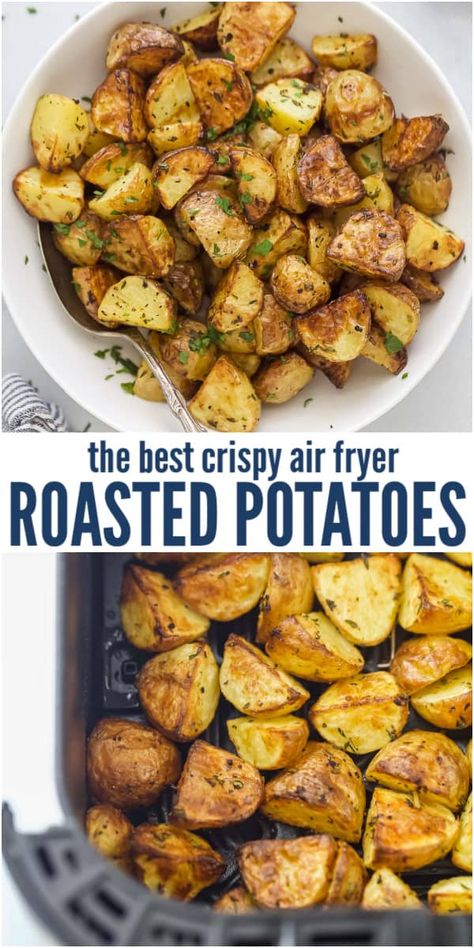 This is the potato side dish that you'll make over and over again! Garlicky herb-loaded Air Fryer Roasted Potatoes are tender on the inside and perfectly crispy on the outside. Plus, they're ready in under 30 minutes! #sidedish #airfryerrecipes #airfryerpotatoes #roastedpotatoes #bestpotatoes #potatorecipe Creamer Potatoes Air Fryer, Air Fryer Baby Potatoes, Air Fryer Roasted Potatoes, Gold Potato Recipes, Air Fryer Potatoes, Baby Potato Recipes, Air Fry Potatoes, Creamer Potatoes, Roasted Baby Potatoes