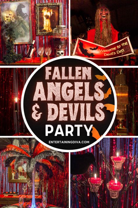 Angels And Devils Party, Hell Themed Party, Angels And Demons Party, Halloween Scene Setters, Fear Factor Party, Angels And Devils, Black Party Decorations, Best Halloween Party, Halloween Themed Party