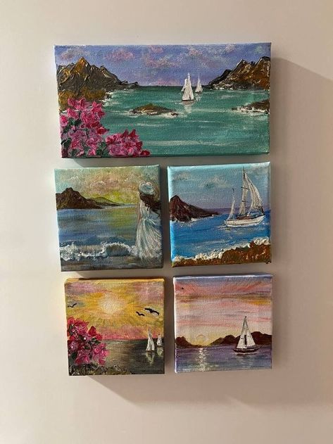 Things To Paint Other Than Canvas, Canvas Wall Painting Ideas, Pair Paintings Canvases, Painted Collage Art, Small Size Paintings, Tony Canvas Painting Ideas, Art Collection Ideas, Painting Inspo On Canvas, Mini Art Projects