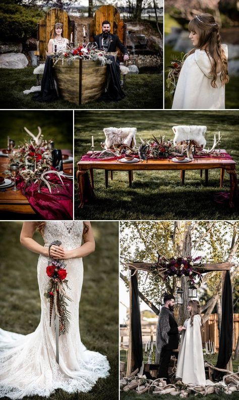 A Viking Wedding Inspiration in Meridian, Idaho #vikinginspiredwedding #vikingweddingideas #gameofthroneswedding #medievalweddingideas #medievalwedding Viking Themed Wedding Cakes, Viking Country Wedding, Viking Table Decorations Wedding, Viking Wedding Centerpieces Diy, Viking Wedding Alter, Viking Wedding Traditions Bridal Crown, Viking Style Wedding Invitations, Rustic Viking Wedding, Viking Fall Wedding