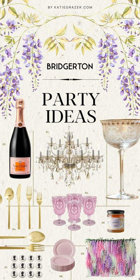 Discover how to host a Bridgerton-themed party with elegance and flair! This guide offers 29+ essentials, from regal invitations to decadent desserts and everything in between. Perfect your soirée with tips on choosing the right decor, dishes, and delightful drinks. Click to transform your gathering into the event of the season! Bridgerton party ideas, regency era decor, themed party essentials, Bridgerton theme party, Bridgerton decor, Bridgerton gift ideas Regency Era Birthday Party, Bridgerton Menu Ideas, Bridgerton Party Decor Diy, Bridgerton Themed Drinks, Diamond Of The Season Bridgerton Party, Bridgerton Engagement Party, Bridgerton Tree, Bridgerton Drinks, Bridgerton Party Games