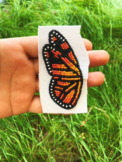 Beaded Monarch Butterfly, Monarch Butterfly Beaded Earrings, Beading Projects Native, Butterfly Earrings Diy, Metis Beadwork Patterns, Butterfly Beaded Earrings, Beaded Butterfly Earrings, Nail Earrings, Indigenous Artwork